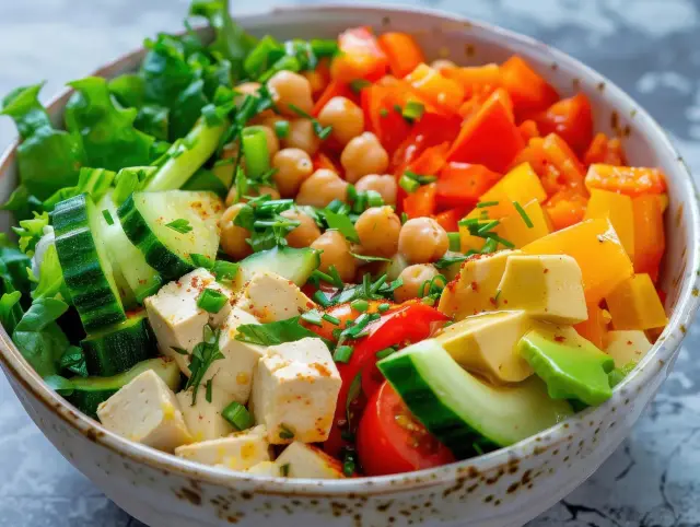 Salade colorée avec pois chiches, tofu, concombre, poivrons et avocat. Parfait comme recette de plat principal quand il fait chaud.